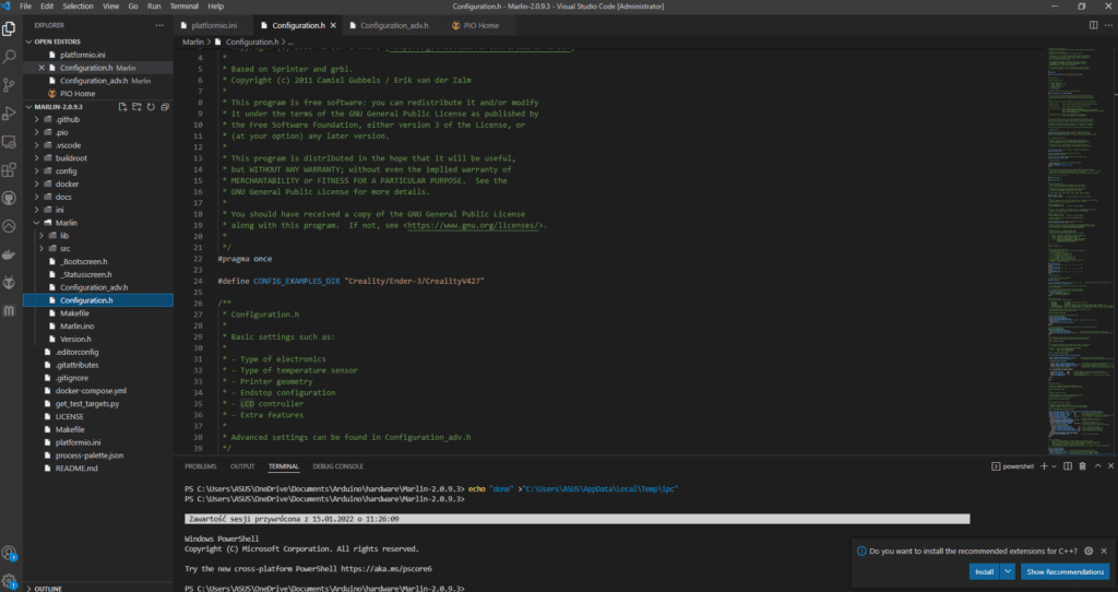 Przykłąd projektu w Visual Studio - Marlin dla Ender 3