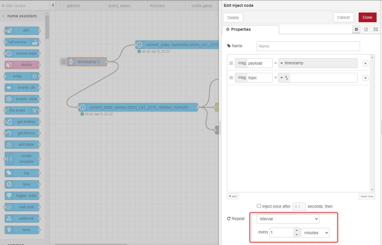 Dashboard Node Red prszestawiający opis noda TimeStamp