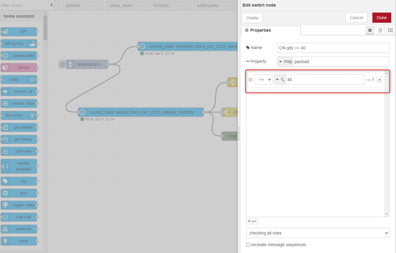 Opis noda switch w Node Red