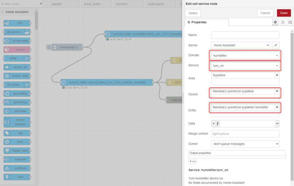 Opis noda call service w Node Red