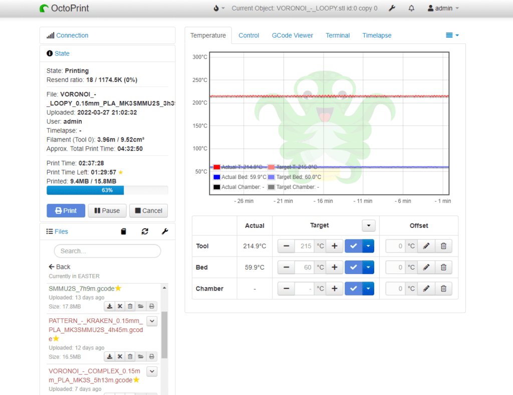 Menu serwera druku OctoPrint
